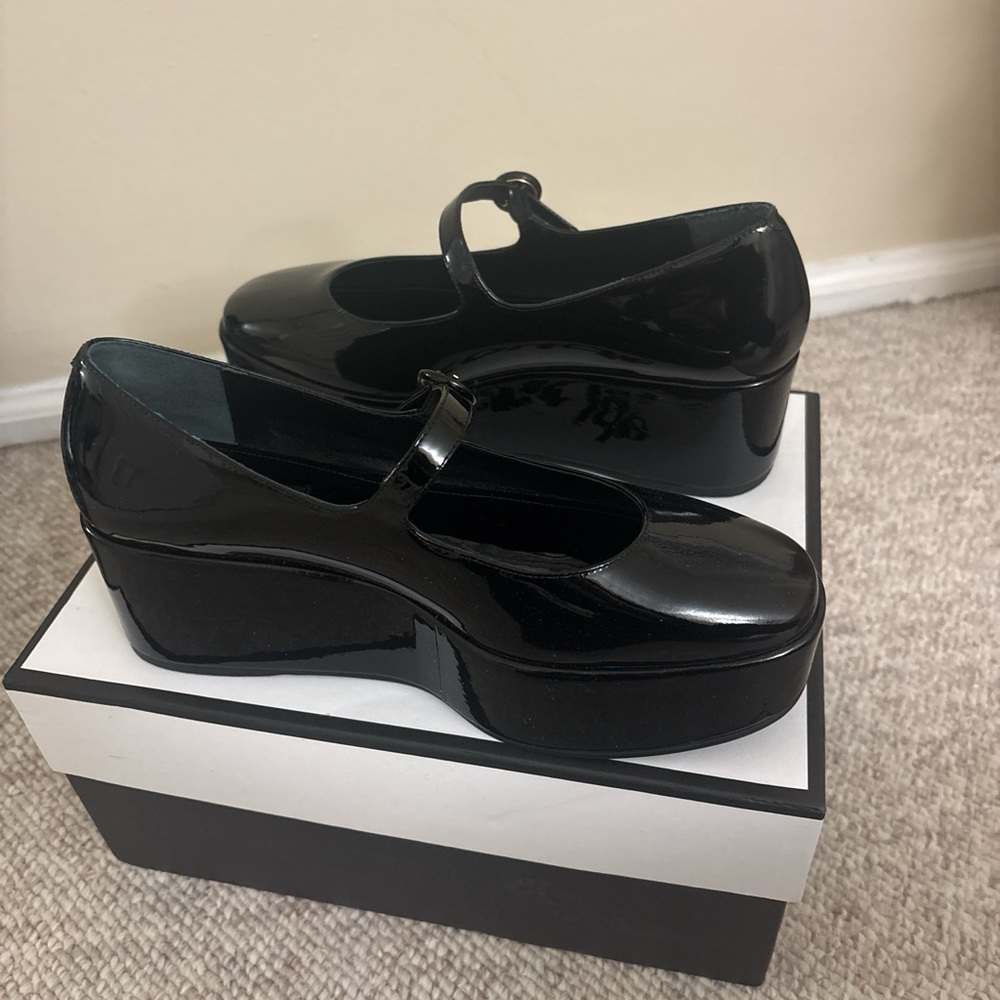 Larroude Blair flatform black Patent Mary Jane Wedge Shoes
